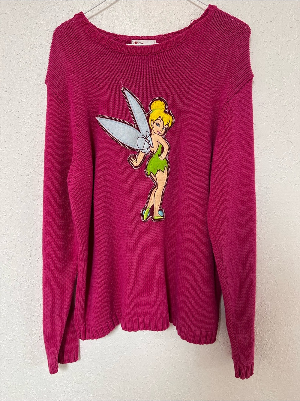 Vintage Disney Store Tinker Bell Embroidered Knit Sweater Pink XL Cotton Blend